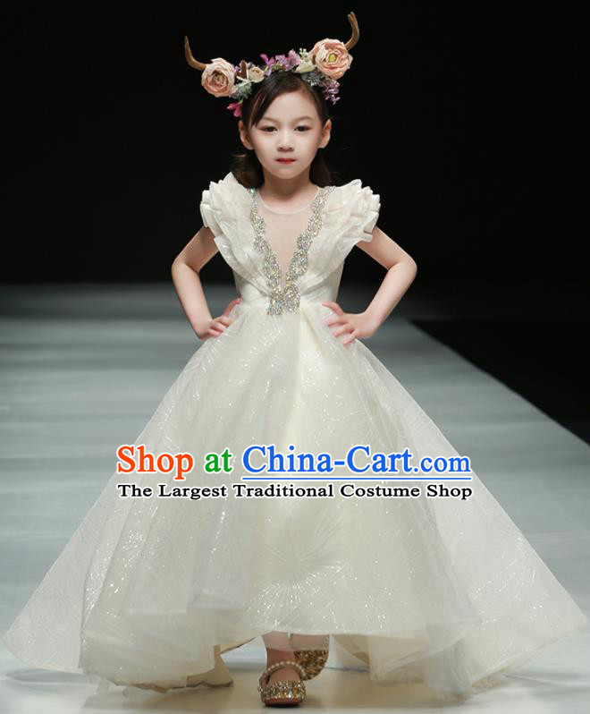 Professional Girl Catwalks White Full Dress Children Piano Performance Formal Clothing Stage Show Fashion Costume