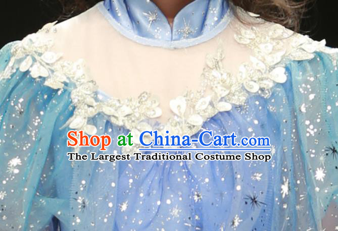 Professional Stage Show Fashion Costume Girl Catwalks Blue Full Dress Children Piano Performance Formal Clothing