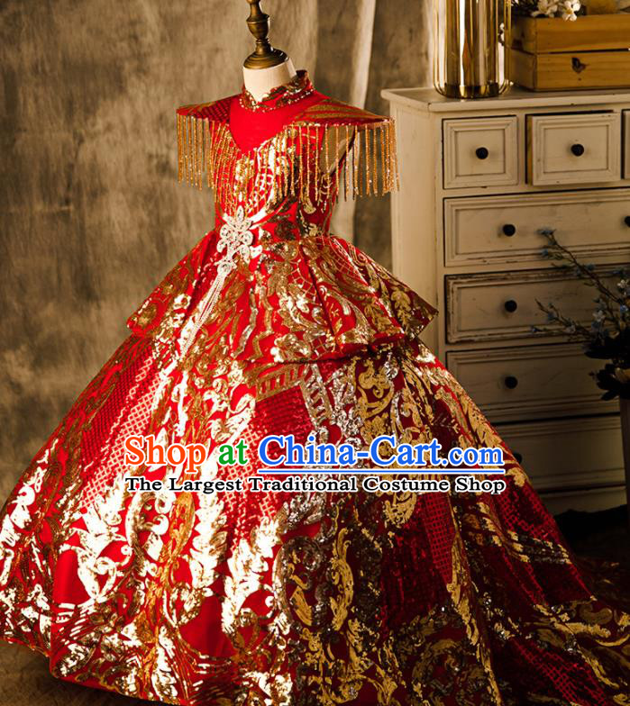 Professional Baroque Catwalks Red Trailing Full Dress Children Performance Formal Clothing Girl Stage Show Fashion Costume