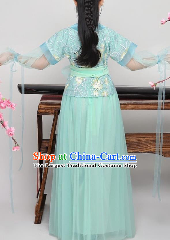 China Ancient Children Garment Costume Traditional Girl Dance Green Hanfu Dress Ming Dynasty Swordswoman Clothing