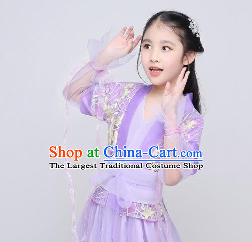 China Ming Dynasty Swordswoman Clothing Ancient Children Garment Costume Traditional Girl Dance Purple Hanfu Dress