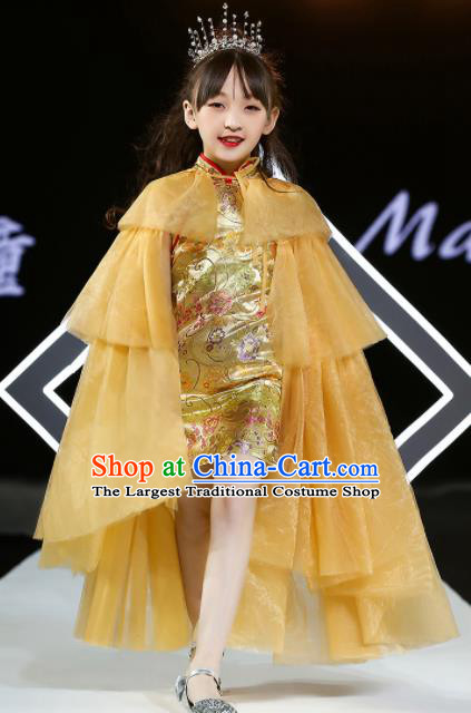 Professional Girl Piano Performance Garment Stage Show Fashion Clothing Catwalks Yellow Evening Dress Children Formal Costume