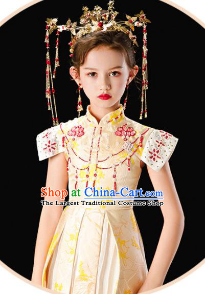 Chinese National Girl Clothing Children Catwalks Beige Dress Uniforms Traditional Stage Performance Costume