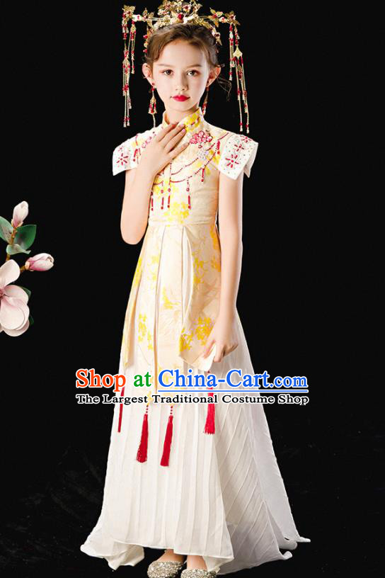 Chinese National Girl Clothing Children Catwalks Beige Dress Uniforms Traditional Stage Performance Costume