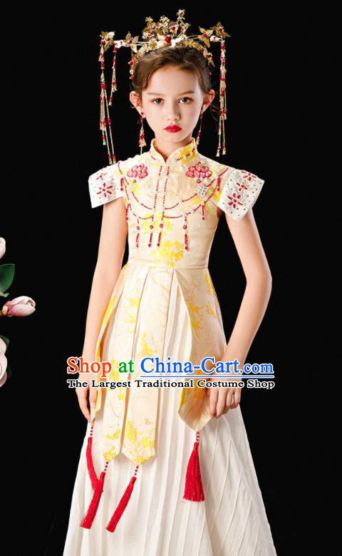Chinese National Girl Clothing Children Catwalks Beige Dress Uniforms Traditional Stage Performance Costume