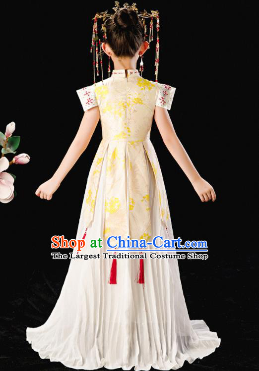 Chinese National Girl Clothing Children Catwalks Beige Dress Uniforms Traditional Stage Performance Costume