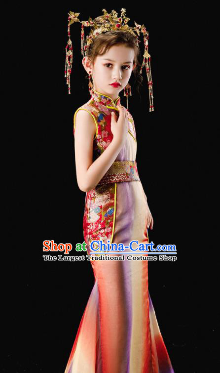 Chinese Traditional Stage Performance Costume National Girl Clothing Children Catwalks Red Fishtail Dress Uniforms