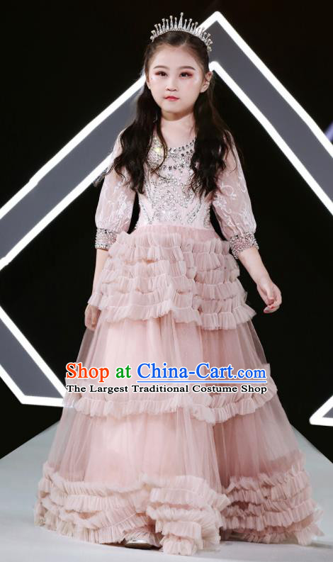 Professional Flower Girl Garment Stage Show Fashion Clothing Catwalks Pink Evening Dress Children Compere Formal Costume