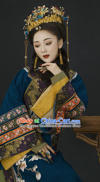 China Ancient Imperial Consort Garment Costumes Qing Dynasty Noble Woman Blue Dress Clothing Complete Set