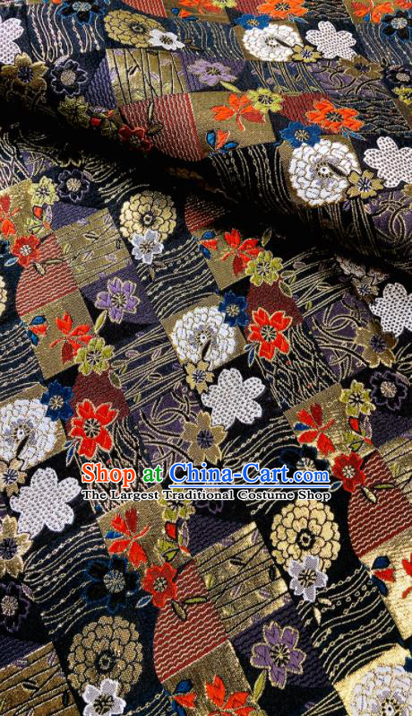 Japanese Traditional Tapestry Fabric Asian Kimono Black Nishijin Brocade Camellia Pattern Satin Drapery