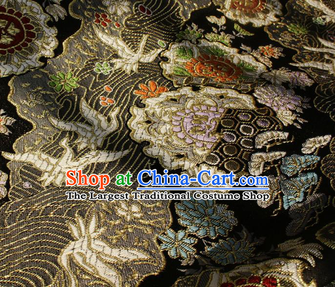 Japanese Kimono Tapestry Fabric Black Nishijin Brocade Asian Traditional Wave Crane Pattern Satin Drapery