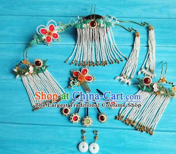 Chinese Ming Dynasty Court Lady Hair Crown Ancient Princess Tassel Hairpin Traditional Wedding Hair Accessories Full Set