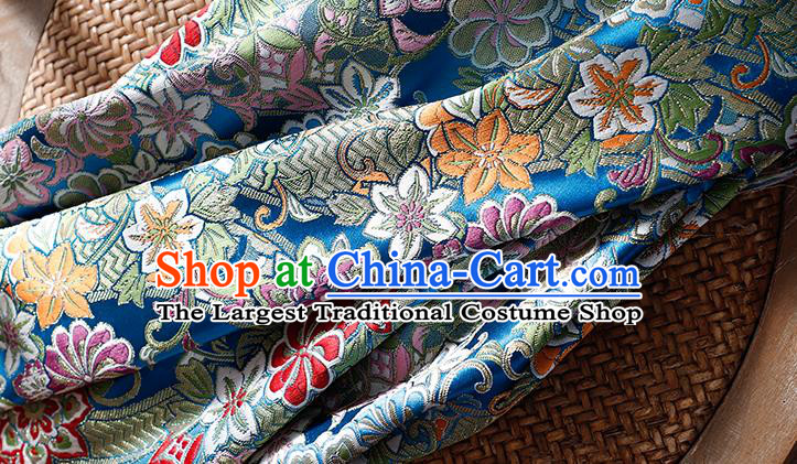 Asian Japanese Yukata Dress Satin Kimono Drapery Classical Chrysanthemum Pattern Tapestry Fabric Traditional Blue Brocade