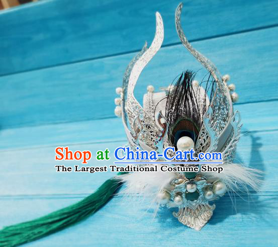 Chinese Traditional Warring States Period Childe Headpiece Ancient Swordsman Argent Hairdo Crown Drama Born in Limbo Prince Hair Accessories