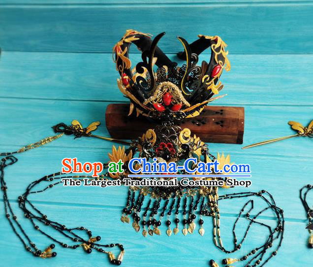 China Traditional Hanfu Black Hair Crown Ancient Goddess Tassel Hairpins Drama The Honey Sank Like Frost Jin Mi Wedding Headdress