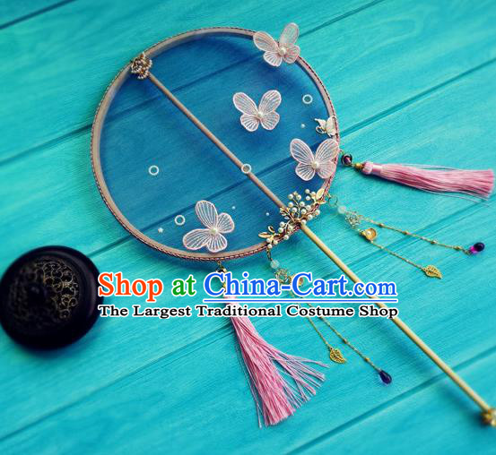 Handmade Chinese Tang Dynasty Princess Blue Silk Fan Traditional Hanfu Circular Fan Wedding Palace Fan