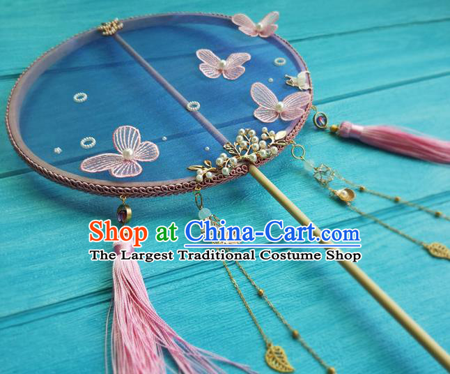 Handmade Chinese Tang Dynasty Princess Blue Silk Fan Traditional Hanfu Circular Fan Wedding Palace Fan