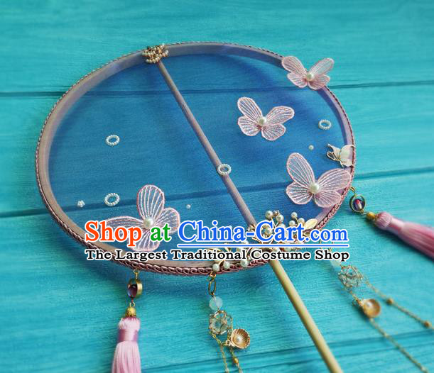 Handmade Chinese Tang Dynasty Princess Blue Silk Fan Traditional Hanfu Circular Fan Wedding Palace Fan