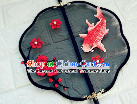Handmade Chinese Wedding Palace Fan Tang Dynasty Dance Embroidered Fan Traditional Hanfu Black Silk Fan
