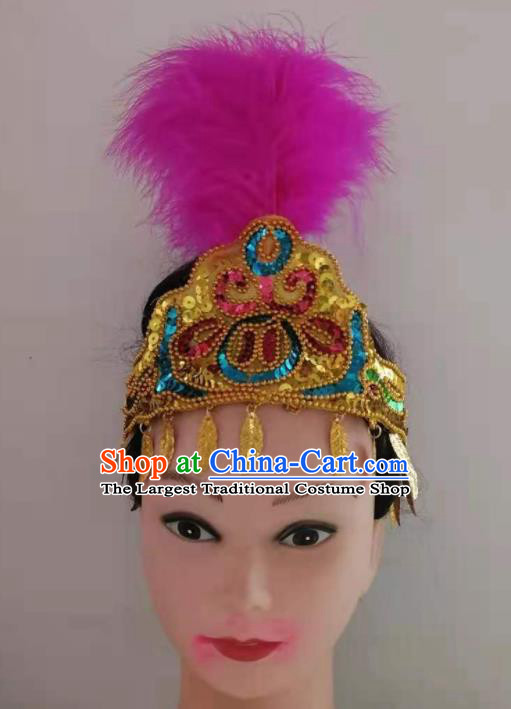 Chinese Minority Stage Performance Rosy Feather Hair Crown Xinjiang Ethnic Folk Dance Hair Clasp Traditional Uyghur Nationality Dance Headpieces