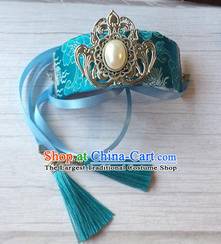 Chinese Chivalrous Expert Pearl Headpiece Traditional Ming Dynasty Young Knight Hair Accessories Ancient Swordsman Blue Hairdo Crown