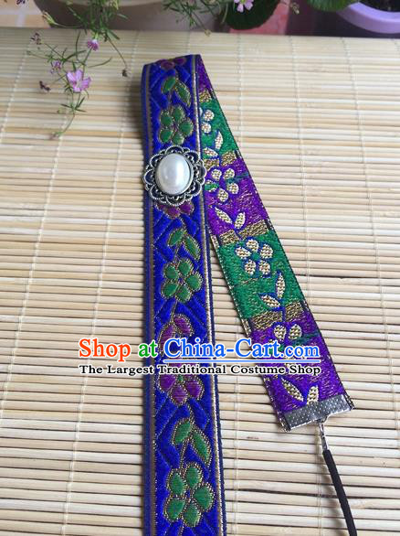 Chinese Traditional Hanfu Embroidered Royalblue Headband Ancient Dowager Countess Headwear Ming Dynasty Elderly Woman Forehead Accessories