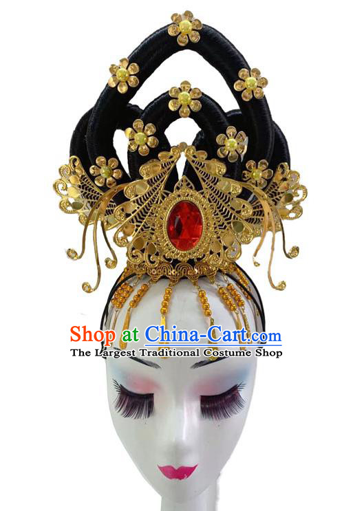 Chinese Classical Dance Hair Accessories Traditional Dunhuang Flying Apsaras Headwear Stage Performance Wigs Chignon