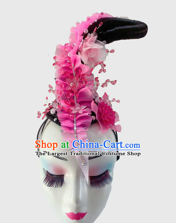 Chinese Classical Dance Wigs Chignon and Rosy Flowers Hair Accessories Court Dance Headpiece Traditional Flying Fairy Dance Hair Clasp