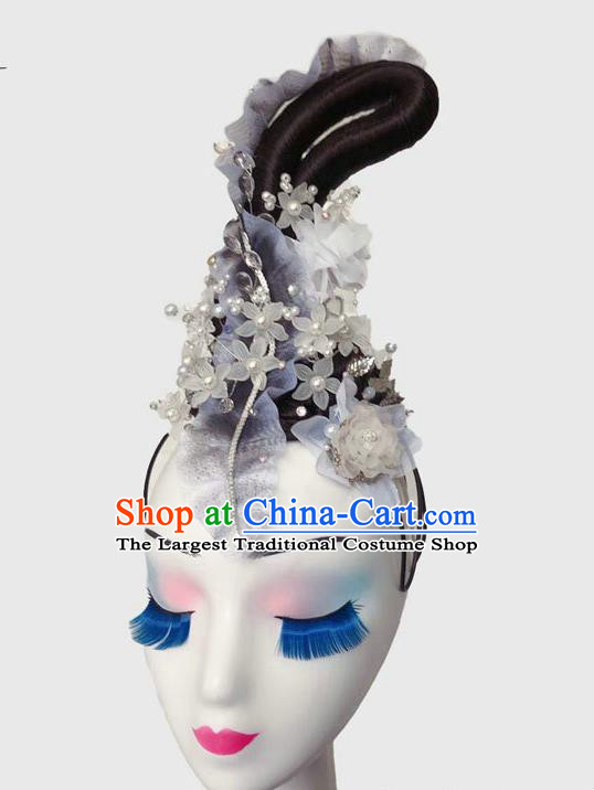 Chinese Traditional Flying Fairy Dance Purple Flowers Hair Clasp Classical Dance Wigs Chignon Court Dance Headpiece