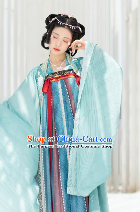 China Ancient Court Princess Blue Hanfu Dress Clothing Traditional Tang Dynasty Historical Garment Costumes Complete Set