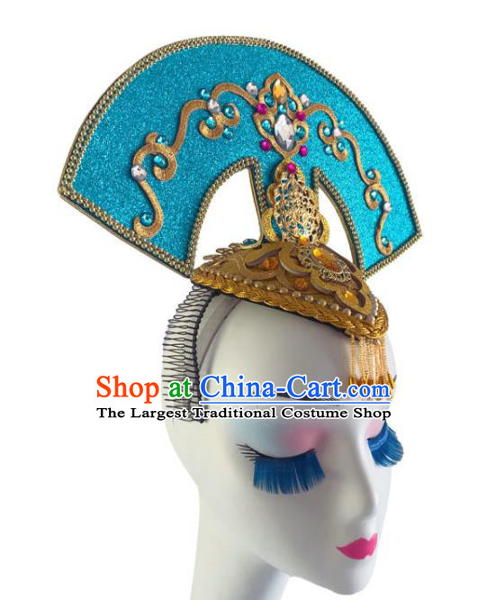 Chinese Woman Stage Performance Headpiece Classical Dance Hair Accessories Umbrella Dance Blue Hair Crown