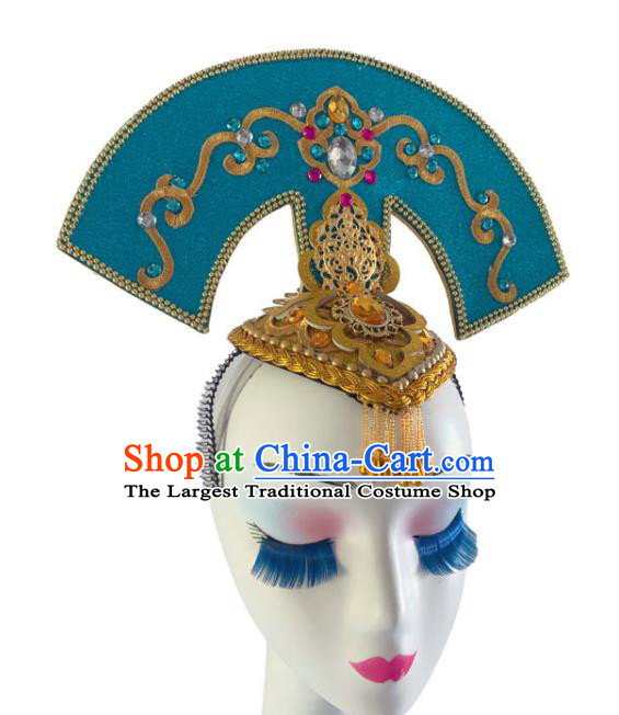 Chinese Woman Stage Performance Headpiece Classical Dance Hair Accessories Umbrella Dance Blue Hair Crown