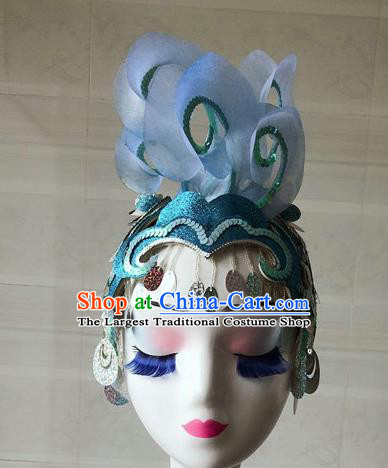 China Minority Peacock Dance Headpiece Yunnan Ethnic Woman Performance Blue Hair Crown Dai Nationality Dance Headwear