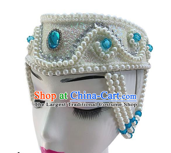 China Mongolian Ethnic Dance White Hat Mongol Nationality Dance Headdress Woman Stage Performance Pearls Headwear