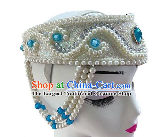China Mongolian Ethnic Dance White Hat Mongol Nationality Dance Headdress Woman Stage Performance Pearls Headwear