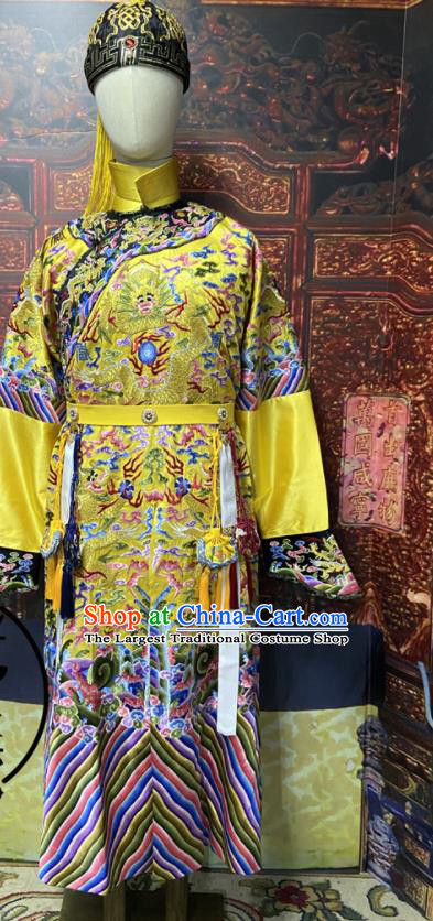 China Qing Dynasty Qianlong Emperor Embroidered Dragon Robe Clothing Ancient Yellow Imperial Dragon Traditional Monarch Historical Garment Costume