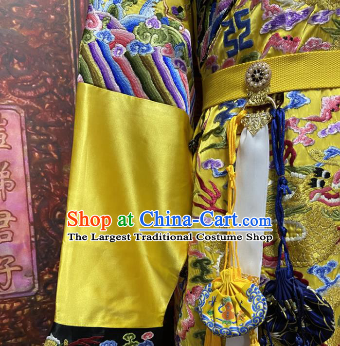 China Qing Dynasty Qianlong Emperor Embroidered Dragon Robe Clothing Ancient Yellow Imperial Dragon Traditional Monarch Historical Garment Costume