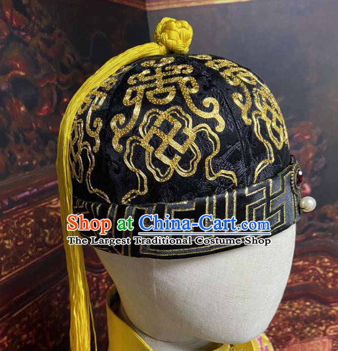 Chinese Qing Dynasty Emperor Black Hat Ancient Manchu Monarch Headdress Traditional King Mandarin Headwear