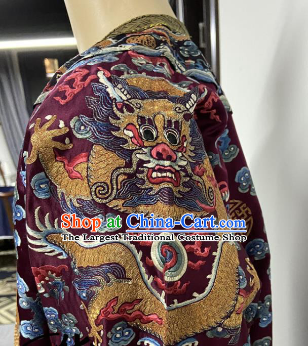 China Traditional Monarch Historical Garment Costume Qing Dynasty Emperor Embroidered Dragon Robe Clothing Ancient Purple Imperial Dragon