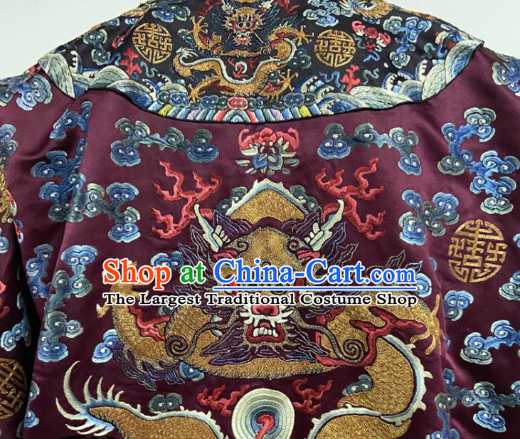 China Traditional Monarch Historical Garment Costume Qing Dynasty Emperor Embroidered Dragon Robe Clothing Ancient Purple Imperial Dragon