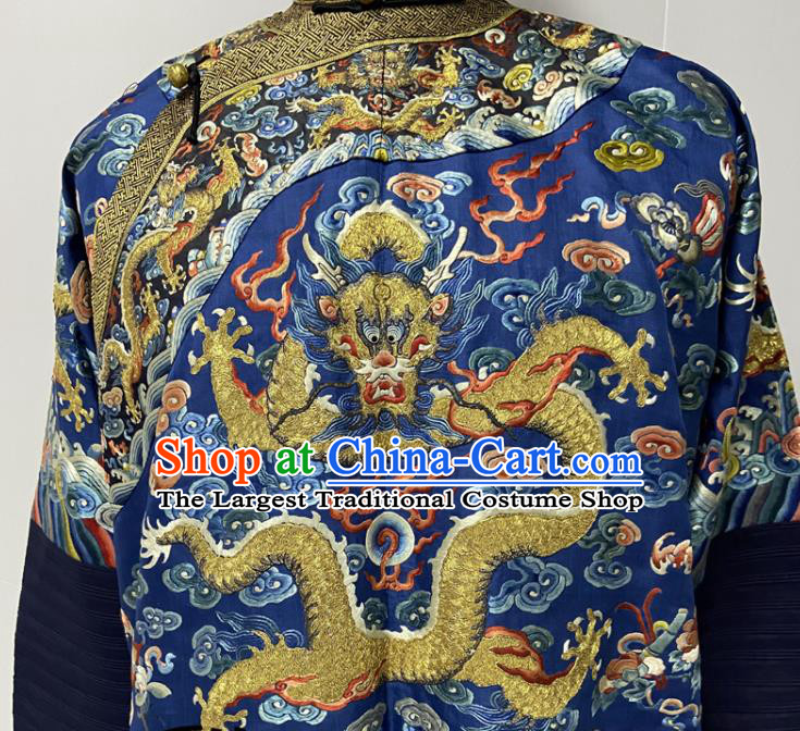 China Ancient Royalblue Imperial Dragon Traditional Manchu Monarch Historical Garment Costume Qing Dynasty Emperor Embroidered Dragon Robe Clothing