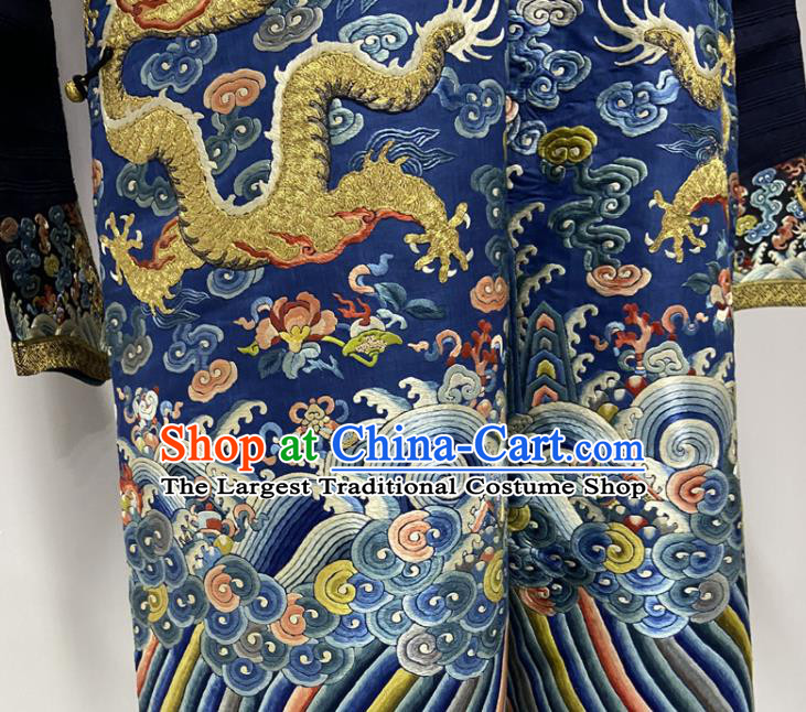 China Ancient Royalblue Imperial Dragon Traditional Manchu Monarch Historical Garment Costume Qing Dynasty Emperor Embroidered Dragon Robe Clothing
