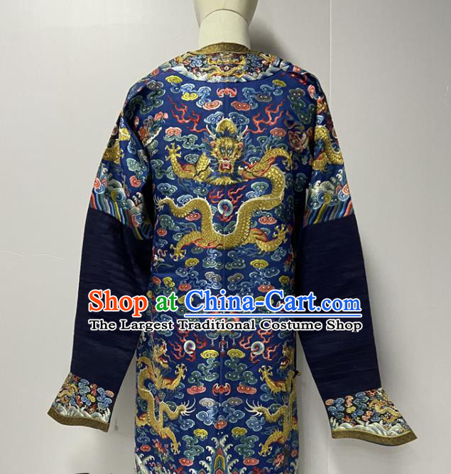China Ancient Royalblue Imperial Dragon Traditional Manchu Monarch Historical Garment Costume Qing Dynasty Emperor Embroidered Dragon Robe Clothing