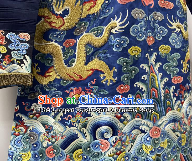China Ancient Royalblue Imperial Dragon Traditional Manchu Monarch Historical Garment Costume Qing Dynasty Emperor Embroidered Dragon Robe Clothing