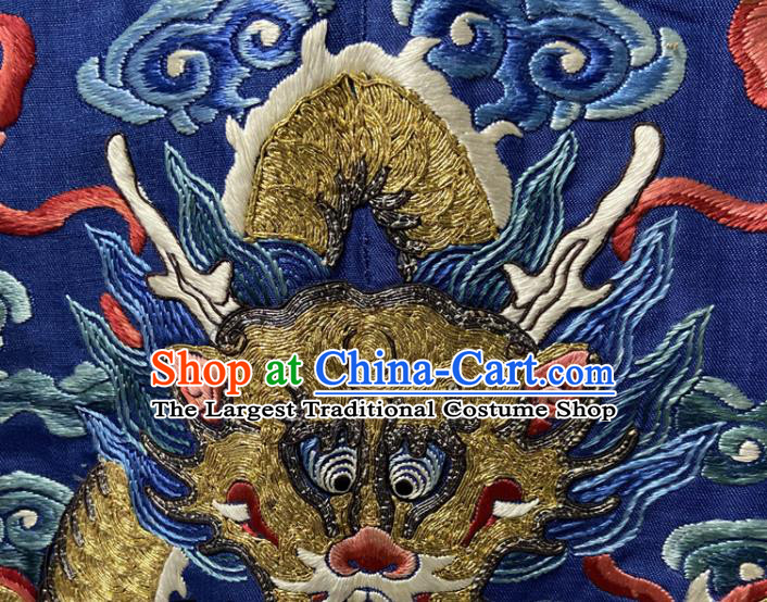 China Ancient Royalblue Imperial Dragon Traditional Manchu Monarch Historical Garment Costume Qing Dynasty Emperor Embroidered Dragon Robe Clothing