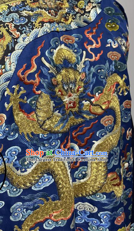 China Ancient Royalblue Imperial Dragon Traditional Manchu Monarch Historical Garment Costume Qing Dynasty Emperor Embroidered Dragon Robe Clothing