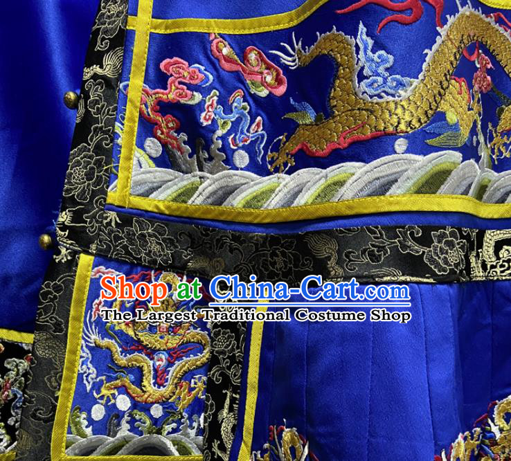 China Qing Dynasty Royal Highness Embroidered Dragon Robe Clothing Ancient Royalblue Imperial Dragon Traditional Manchu King Historical Garment Costume