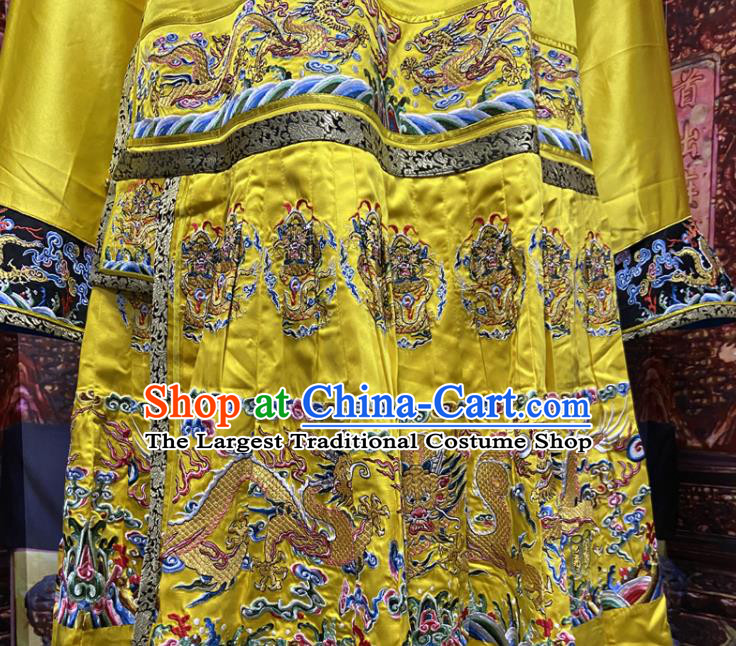 China Traditional Manchu Emperor Historical Garment Costume Qing Dynasty Monarch Embroidered Dragon Robe Clothing Ancient Yellow Imperial Dragon