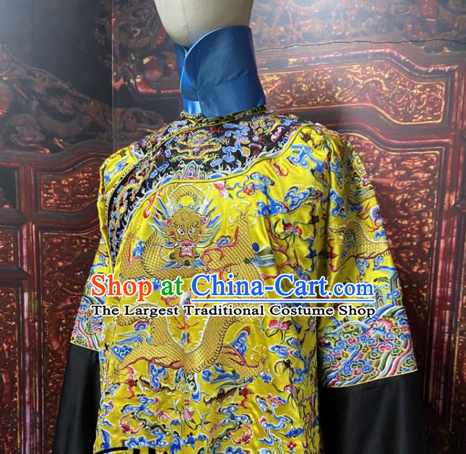 China Ancient Yellow Imperial Dragon Traditional Manchu Emperor Historical Garment Costume Qing Dynasty Monarch Embroidered Dragon Robe Clothing