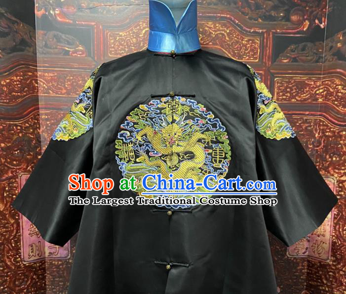 China Qing Dynasty Manchu Monarch Embroidered Dragon Robe Clothing Ancient Black Official Garment Traditional Emperor Kangxi Historical Costume